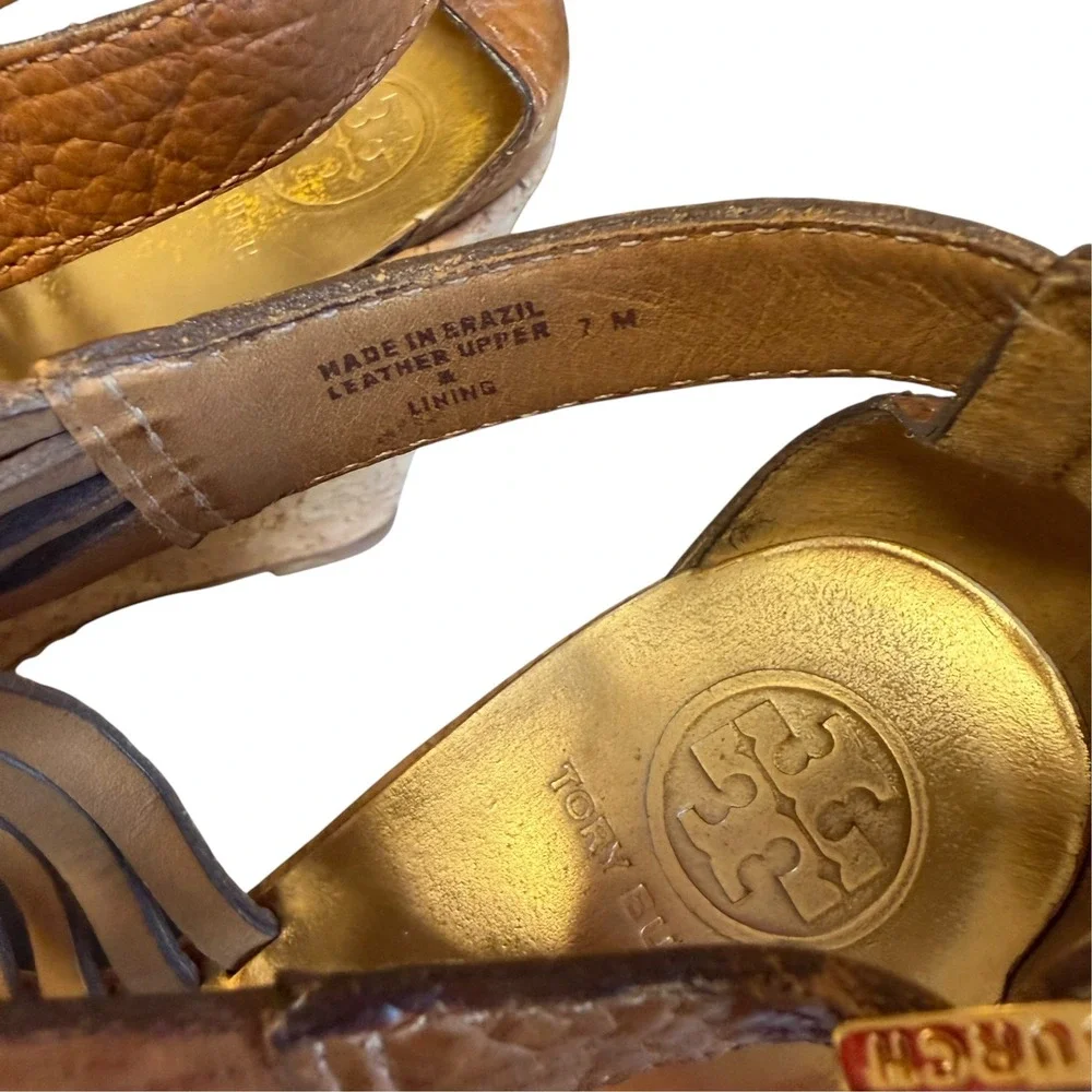Tory Burch Tan Leather Woven Strappy Cork Wedge Sandals Gold Insole Size 7M